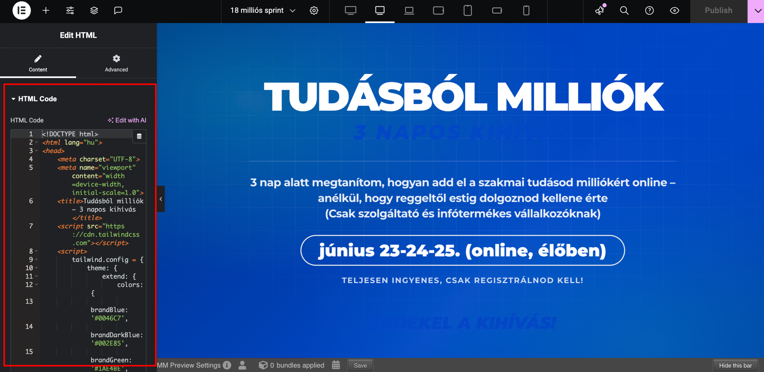 HTML kód beillesztése az Elementor widgetbe