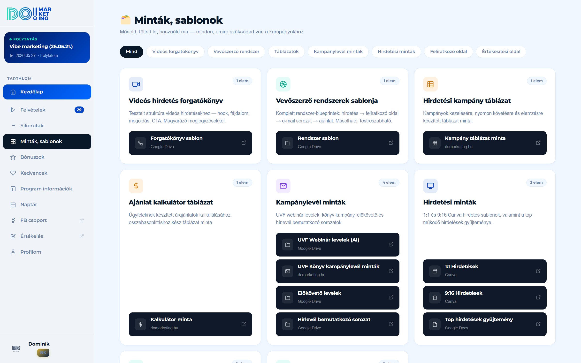 Tanulói felület – Minták, sablonok: letölthető sablonok és táblázatok