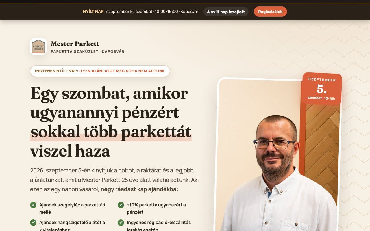 A Mester Parkett nyílt napjának landing oldala