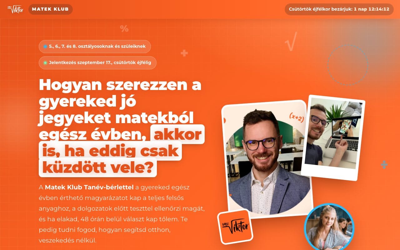 A Matek Klub tanév-bérlet értékesítési oldala