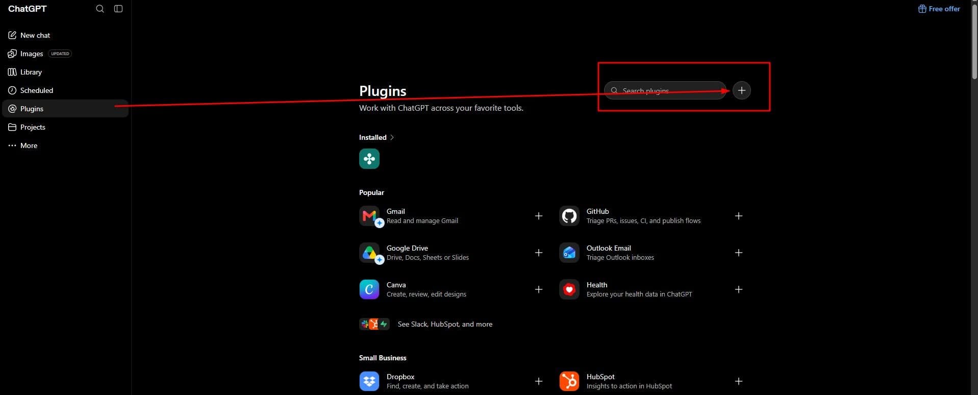 ChatGPT bal oldali menüsáv: Plugins menüpont, a Plugins oldalon jobb felül a + gomb