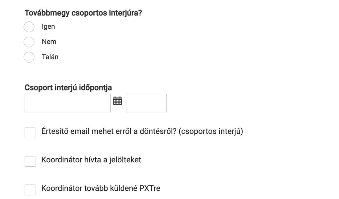 Back office értékelő űrlap